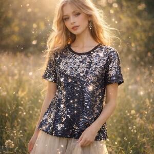 Navy Silver Sequin Top Fairycore Festival Sparkle Y2K Glam Metallic Shirt
